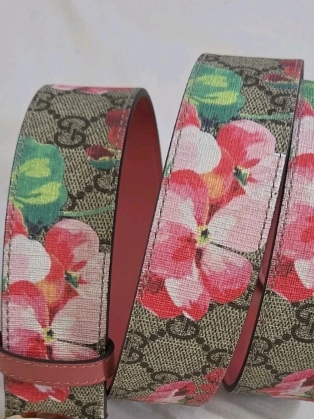 Gucci GG Canvas Belt with Pink Floral Print and Dual-Tone GG Buckles 29
